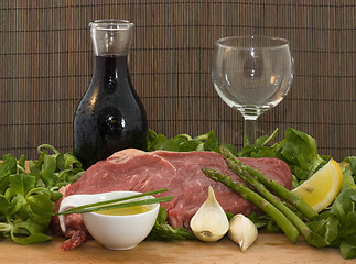 Image showing Beef and salad with wine