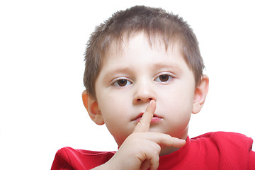 Image showing Boy in red showing hush gesture