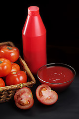 Image showing Red bottle and tomatoes