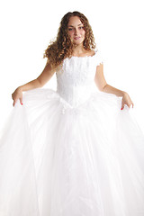 Image showing Curly bride in white dress