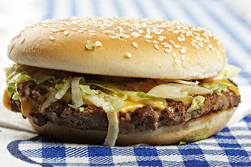 Image showing Hamburger on tablecloth sideview