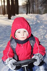Image showing Boy on sledge in forest