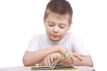 Image showing Boy in white shirt reading book