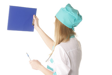 Image showing Doctor with blue cardboard