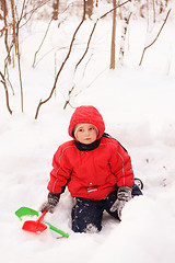 Image showing Little kid in red jacket sitting on snow