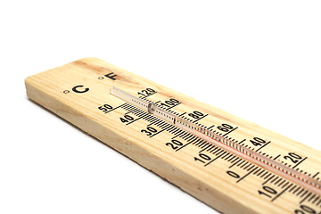 Image showing Wooden thermometer on white background