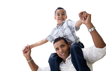 Image showing Hispanic Father and Son Having Fun Isolated on White