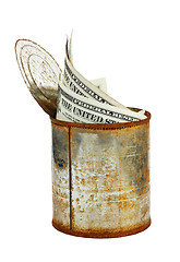 Image showing Rusty tin can with US currency