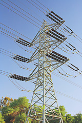 Image showing Electricity. Pillar against the blue sky