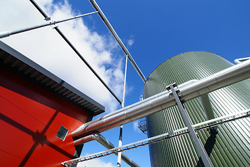 Image showing Industrial zone, Steel pipe-lines on blue sky