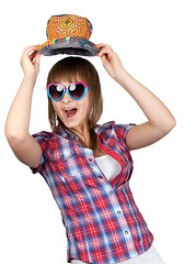 Image showing Beautiful girl smiles in sunglasseses and colour hat