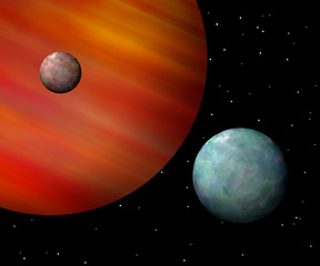 Image showing Moons orbiting a reddish gas giant Horizontal