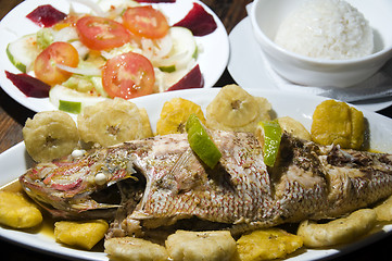 Image showing fish dinner with tostones rice salad big corn island nicaragua