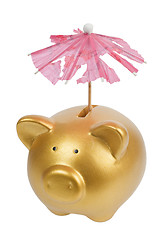 Image showing Piggy bank with tattered umbrella