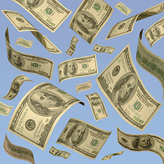 Image showing One hundred dollar bills floating against a blue sky.