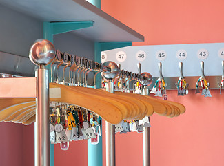 Image showing Cloakroom with empty clothes hangers