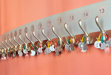 Image showing Coat hooks with labels organized in a row