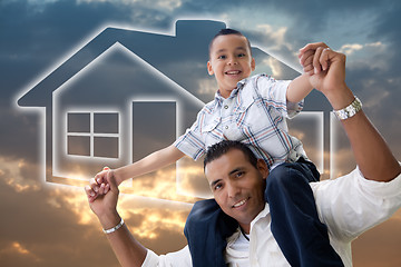 Image showing Father and Son Over Clouds, Sky and House Icon.