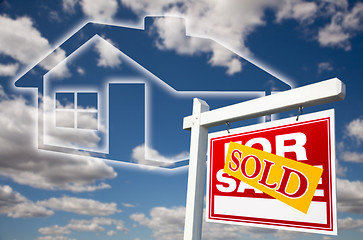 Image showing Sold For Sale Sign Over Clouds, Sky and House Icon.