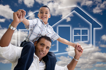 Image showing Father and Son Over Clouds, Sky and House Icon