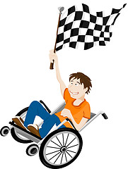 Image showing Young handicapped man in wheelchair with winner flag. 