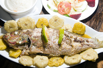 Image showing fish dinner with tostones rice salad big corn island nicaragua