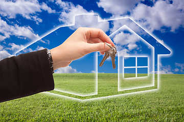 Image showing Handing Over Keys on Ghosted Home Icon, Grass Field and Sky