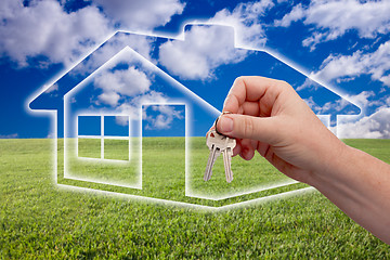 Image showing Handing Over Keys on Ghosted Home Icon, Grass Field and Sky