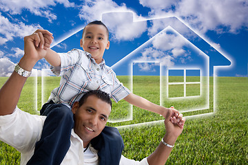 Image showing Father and Son Over Grass Field, Clouds, Sky and House Icon