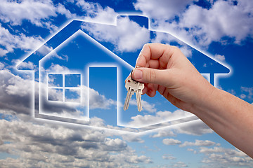 Image showing Handing Over Keys on Ghosted Home Icon, Clouds and Sky