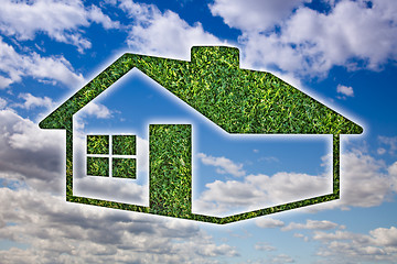 Image showing Green Grass House Icon over Sky and Clouds