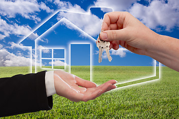 Image showing Handing Over Keys on Ghosted Home Icon, Grass Field and Sky