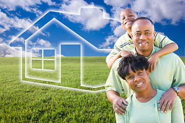 Image showing Family Over Grass Field, Clouds, Sky and House Icon