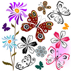 Image showing Set butterflies and flowers