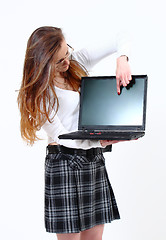 Image showing Manager  woman present business plan on notebook