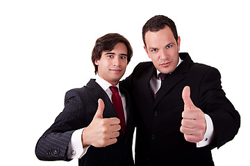 Image showing two young businessmen giving consent, with thumb up