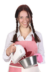 Image showing beautiful housewife preparing with kitchen mixer 