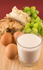 Image showing Fresh bread with eggs  and glass of milk