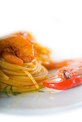 Image showing pasta and spicy shrimps