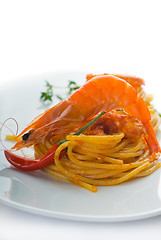 Image showing pasta and spicy shrimps