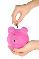 Image showing Hand putting coin in piggy bank