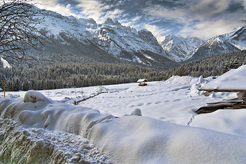 Image showing Snow on the Dolomites Mountains, Italy