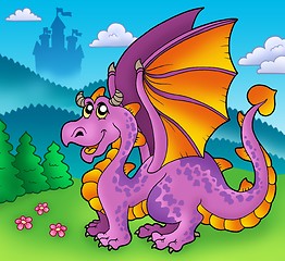 Image showing Giant purple dragon with old castle