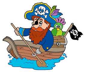 Image showing Pirate with parrot paddling in boat