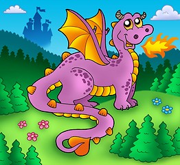 Image showing Big purple dragon with old castle