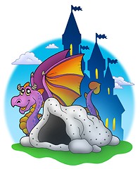 Image showing Giant purple dragon near cave