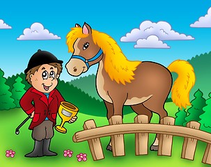 Image showing Cartoon jockey with horse