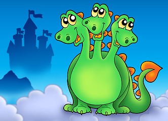 Image showing Green three headed dragon on sky