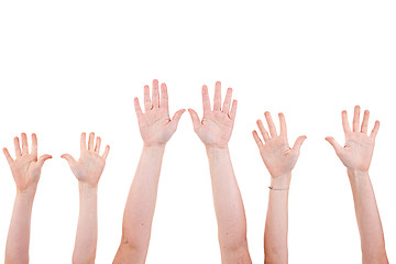 Image showing Many children hands high up