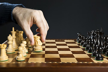 Image showing Hand moving knight on chess board